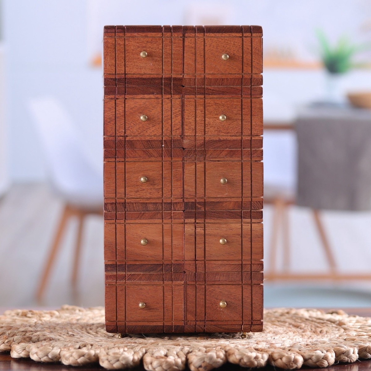 Brass-Accented Acacia Wood Chest with Ten Drawers - Timeless Glory