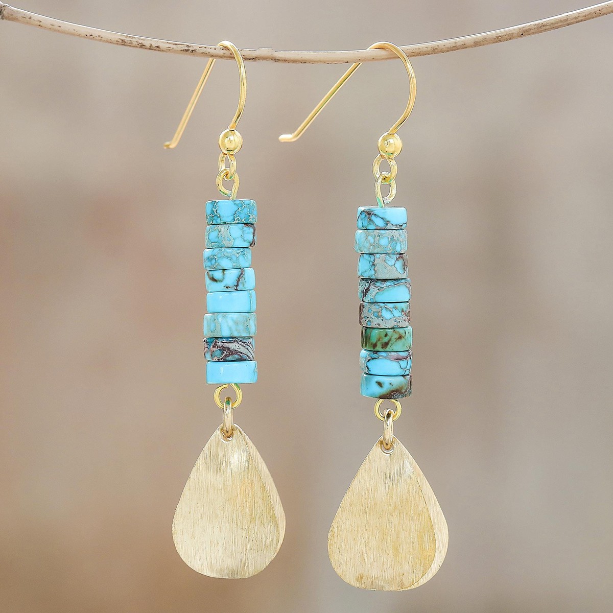 Brass and Reconstituted Turquoise Dangle Earrings - Sea Gold