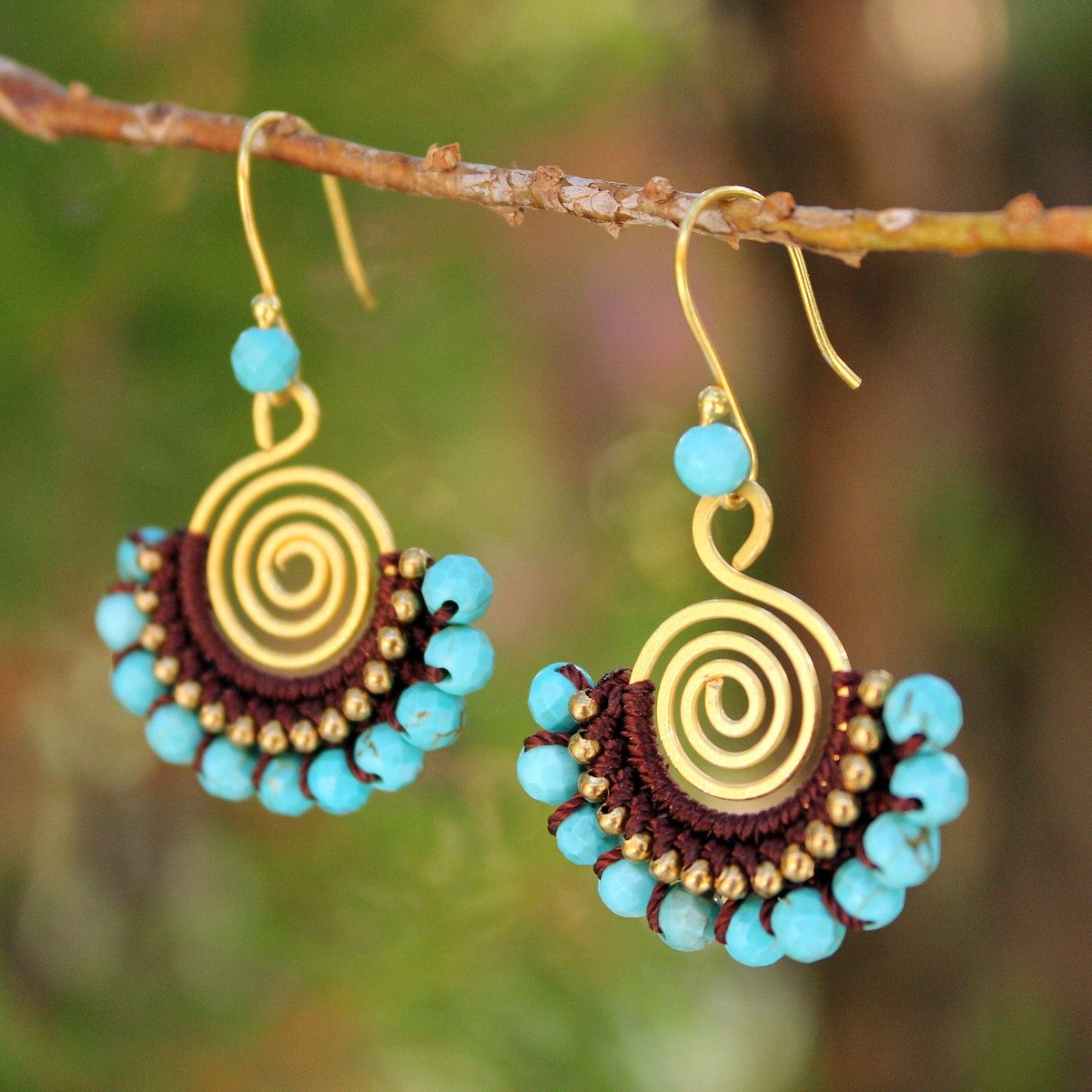 Brass and Turquoise Colored Bead Dangle Earrings - Sky Kiss