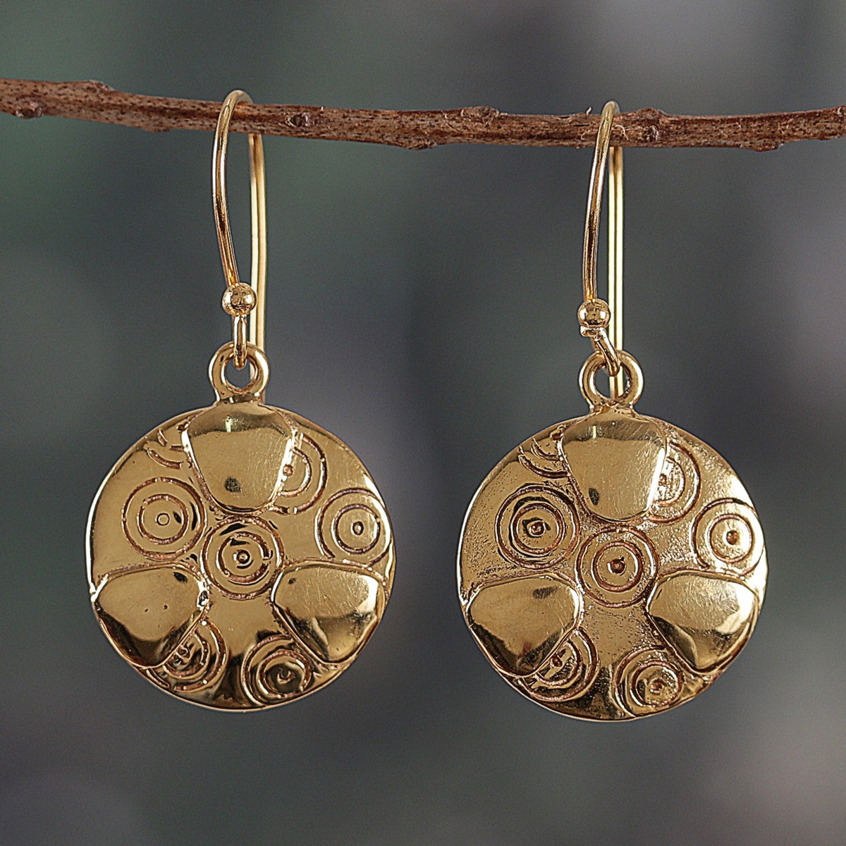 Brass Dangle Earrings with Engraved Patterns from India - Symphony of Balance
