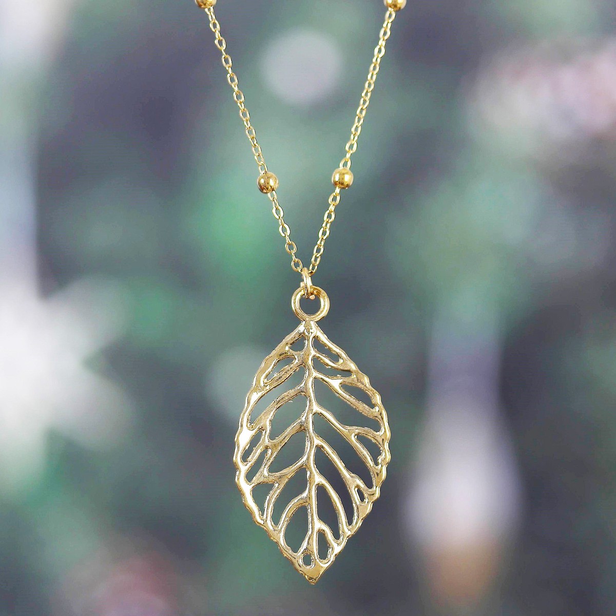 Brass Leaf Pendant Necklace with Jali Openwork Accents - Shining Leaf