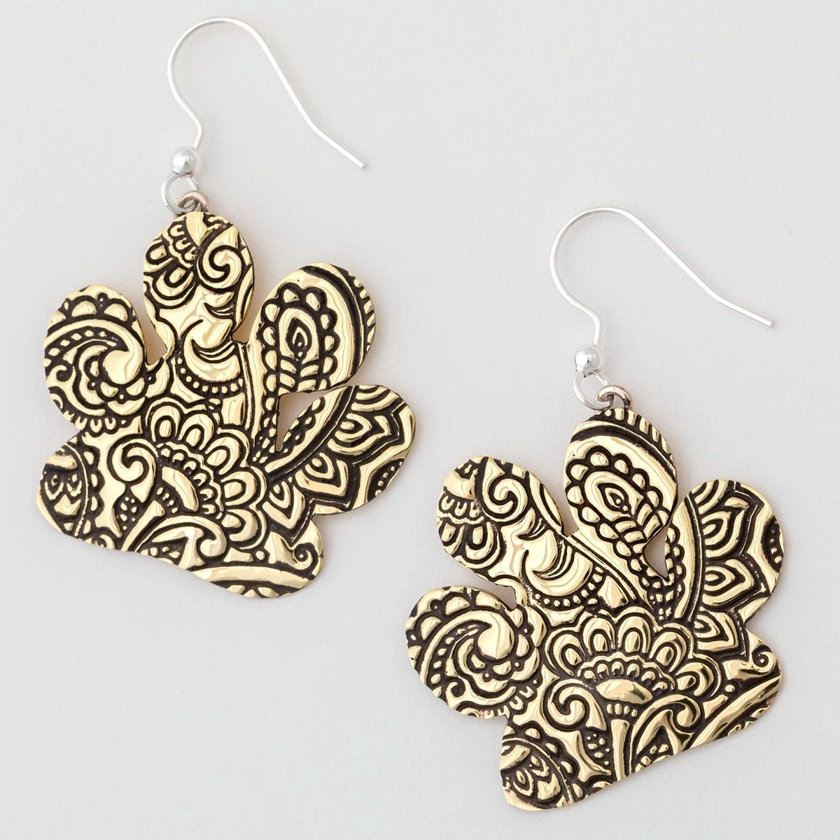 Brass Paw Dangle Earrings with Embossed Paisley Motifs - Noble Paisley Paws