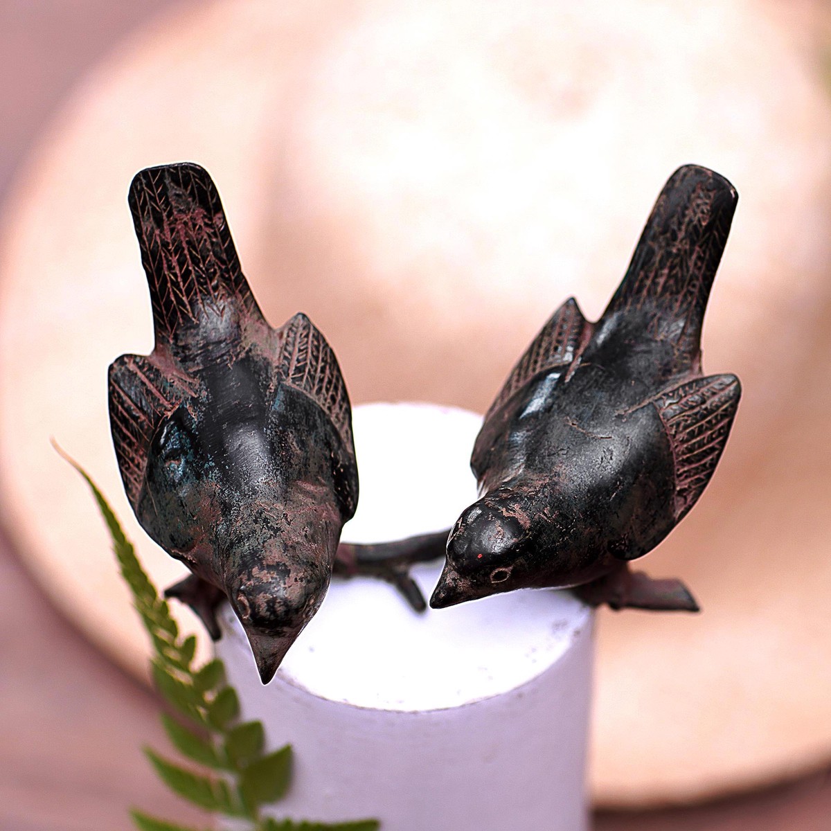 Bronze Sculpture of Bird Pair from Indonesia - Chirping Couple