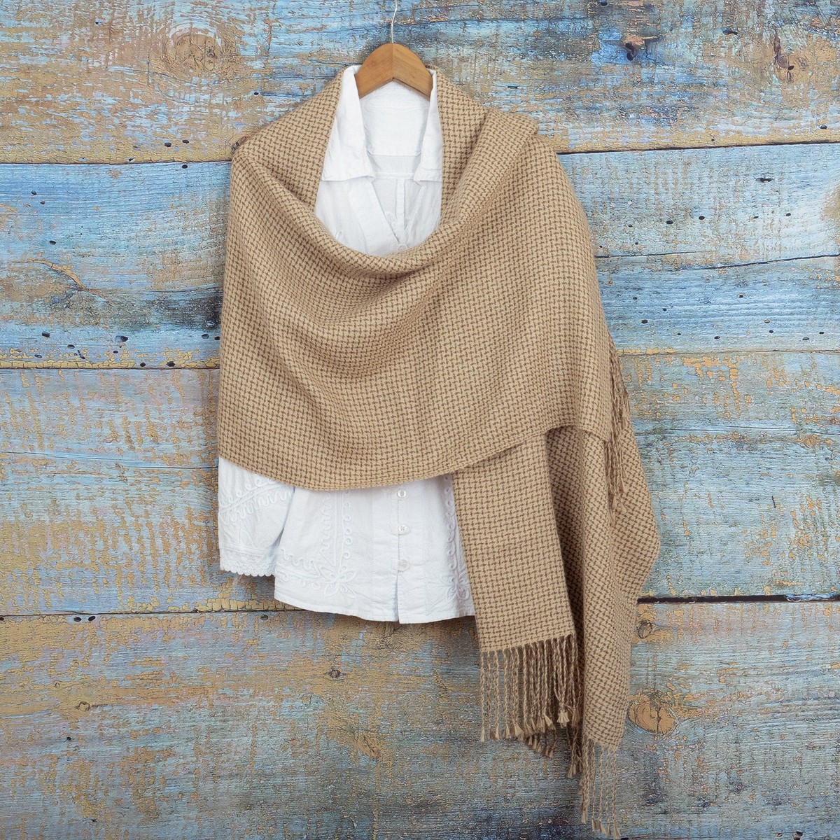 Brown & Beige Fringed Shawl Hand-Woven in 100% Baby Alpaca - Tweed Inspiration