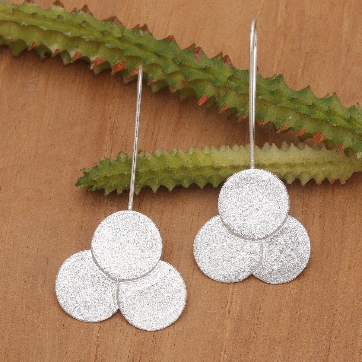 Brushed-Satin Finished Modern Sterling Silver Drop Earrings - Triple Moon