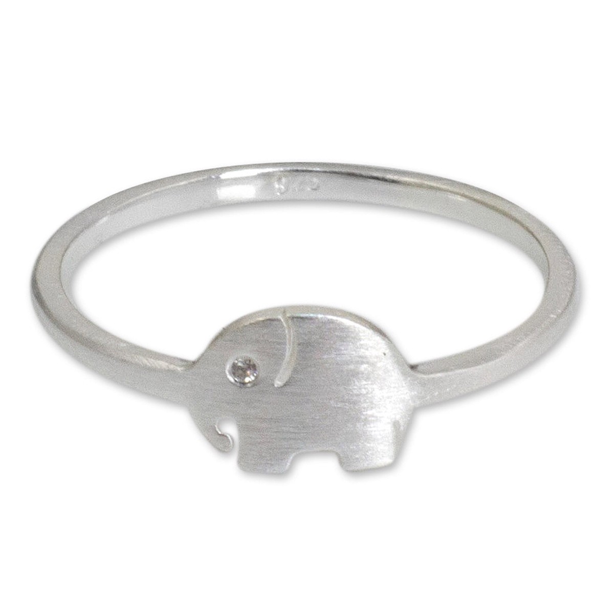 Brushed Satin Sterling Silver Ring with Cubic Zirconia - Twinkling Elephant - 7
