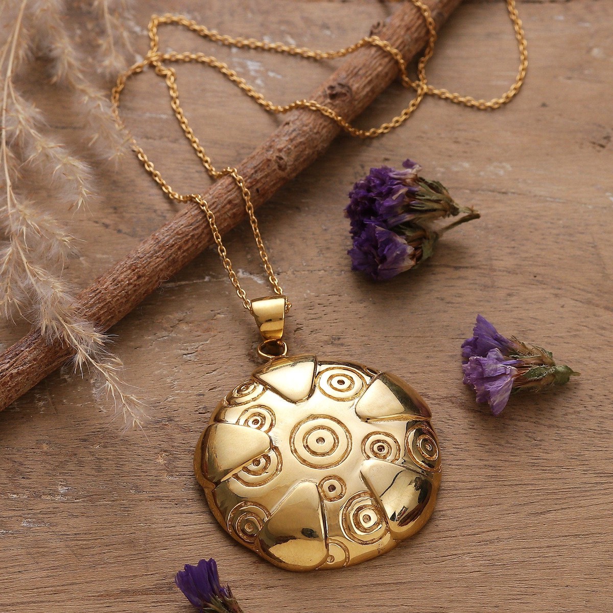 Brass Pendant Necklace with Engraved Patterns from India - Symphony of Balance