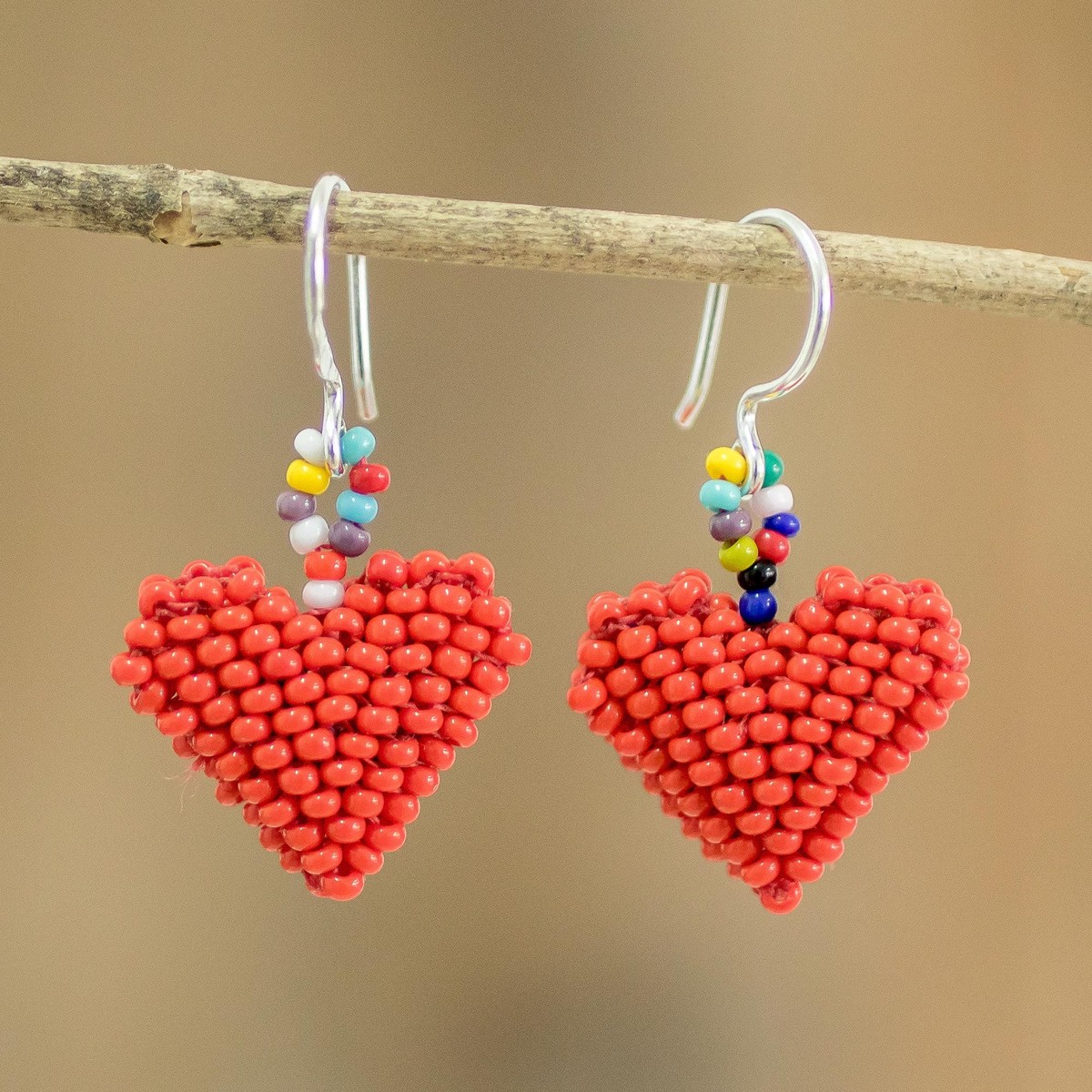 Bright Red Heart Earrings on Sterling Silver Hooks - Dotted Hearts