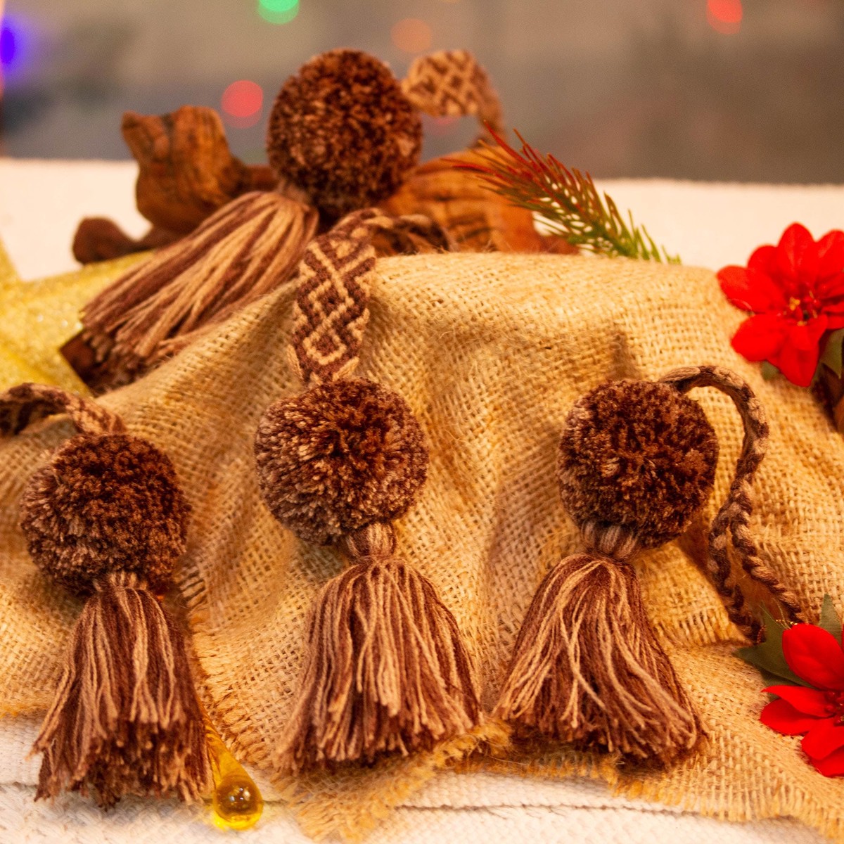 Brown Cotton Pompom and Tassel Ornaments (Set of 4) - Sweet Joy in Brown
