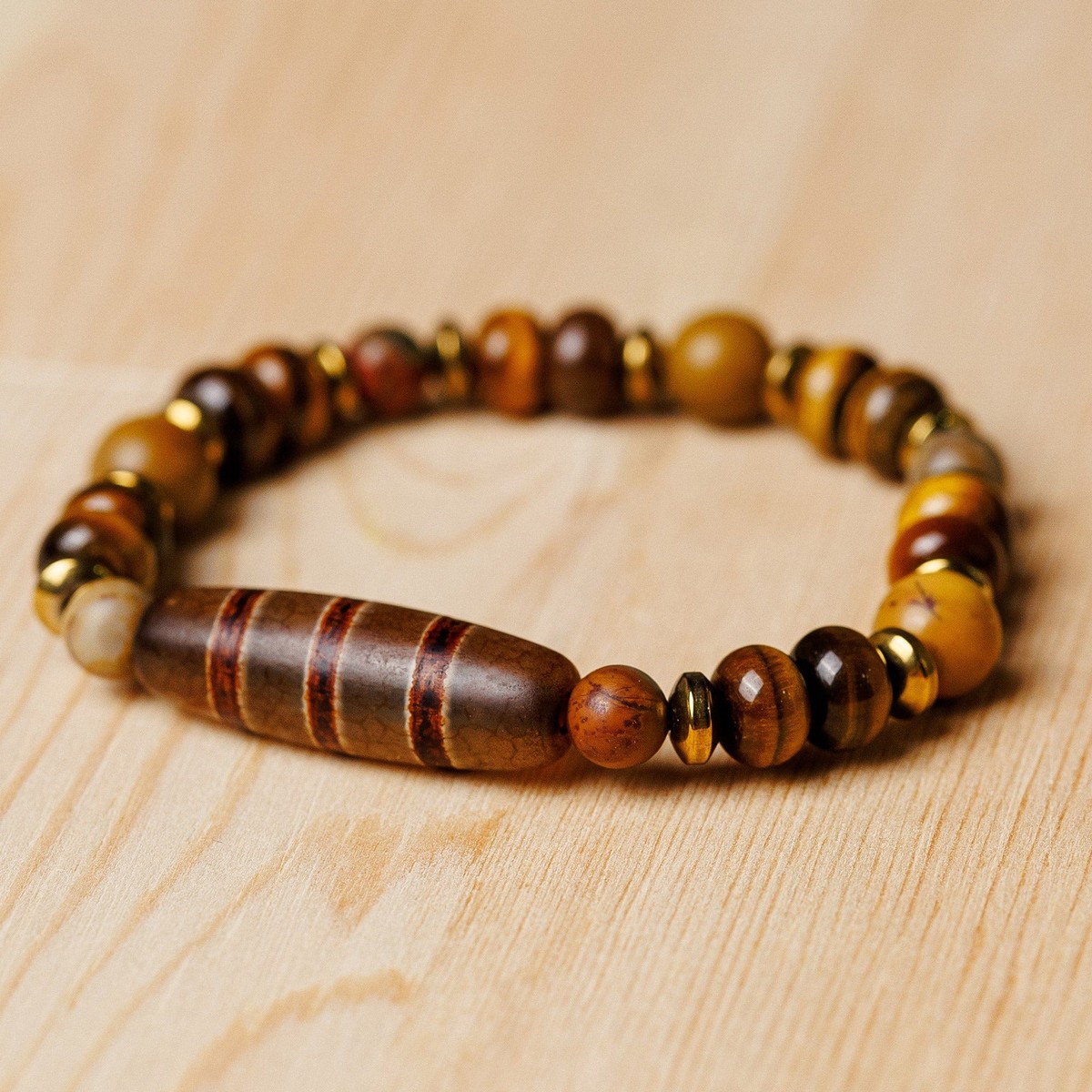 Brown Striped Dzi Multi-Gemstone Beaded Pendant Bracelet - Earthy Dzi