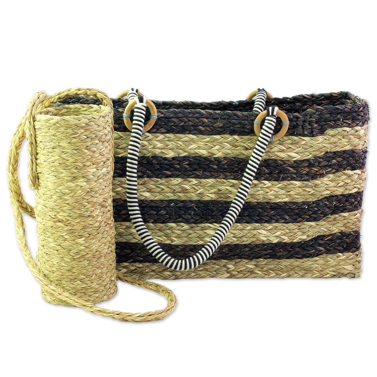 Brown Tote and Bottle Holder Set Hand Woven Natural Fibers - Life's a Picnic (member)
