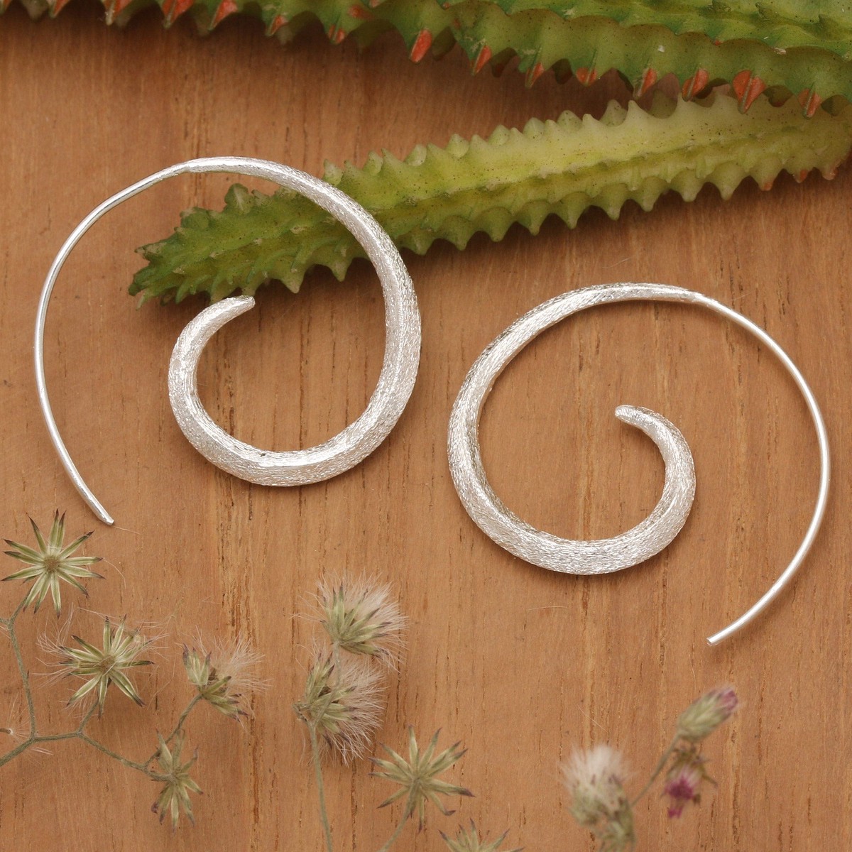 Brushed-Satin Spiral Sterling Silver Half-Hoop Earrings - Whirlpool Light