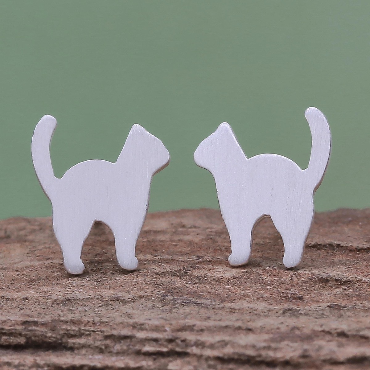 Brushed-Satin Sterling Silver Cat Stud Earrings - Standing Cat