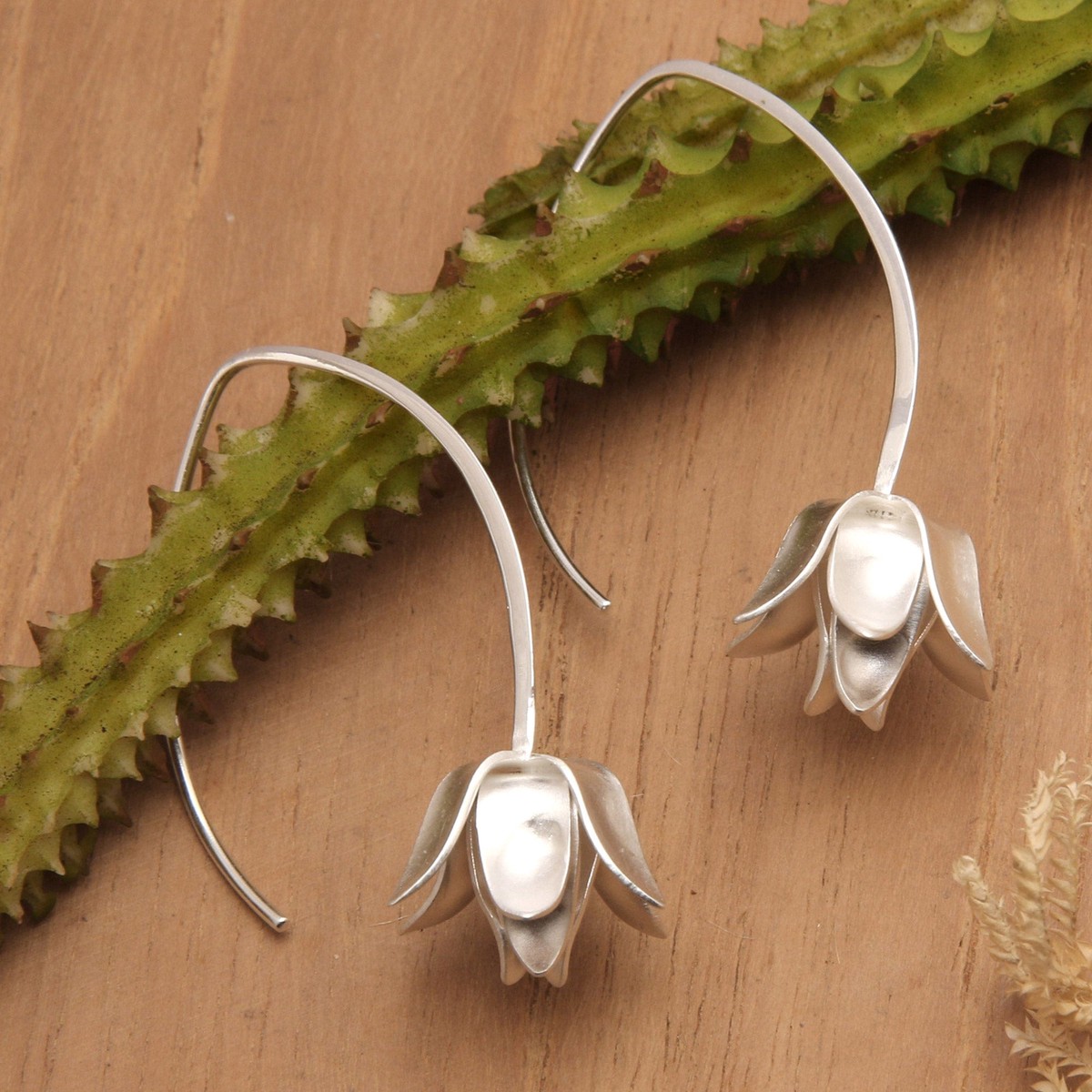 Brushed-Satin Sterling Silver Lotus Flower Drop Earrings - Fragrant Lotus