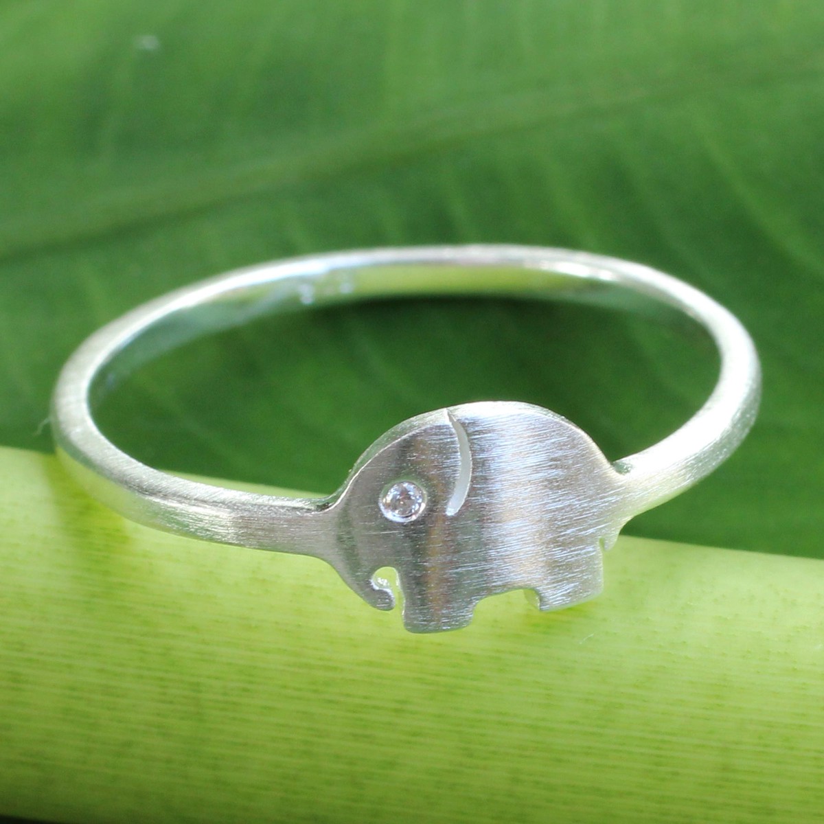 Brushed Satin Sterling Silver Ring with Cubic Zirconia - Twinkling Elephant - 6