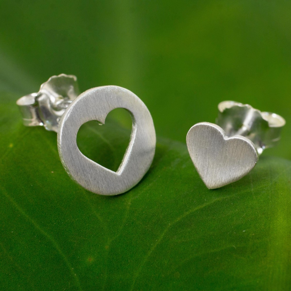Brushed Silver Heart Earrings in Positive and Negative Space - Heart in the Moon