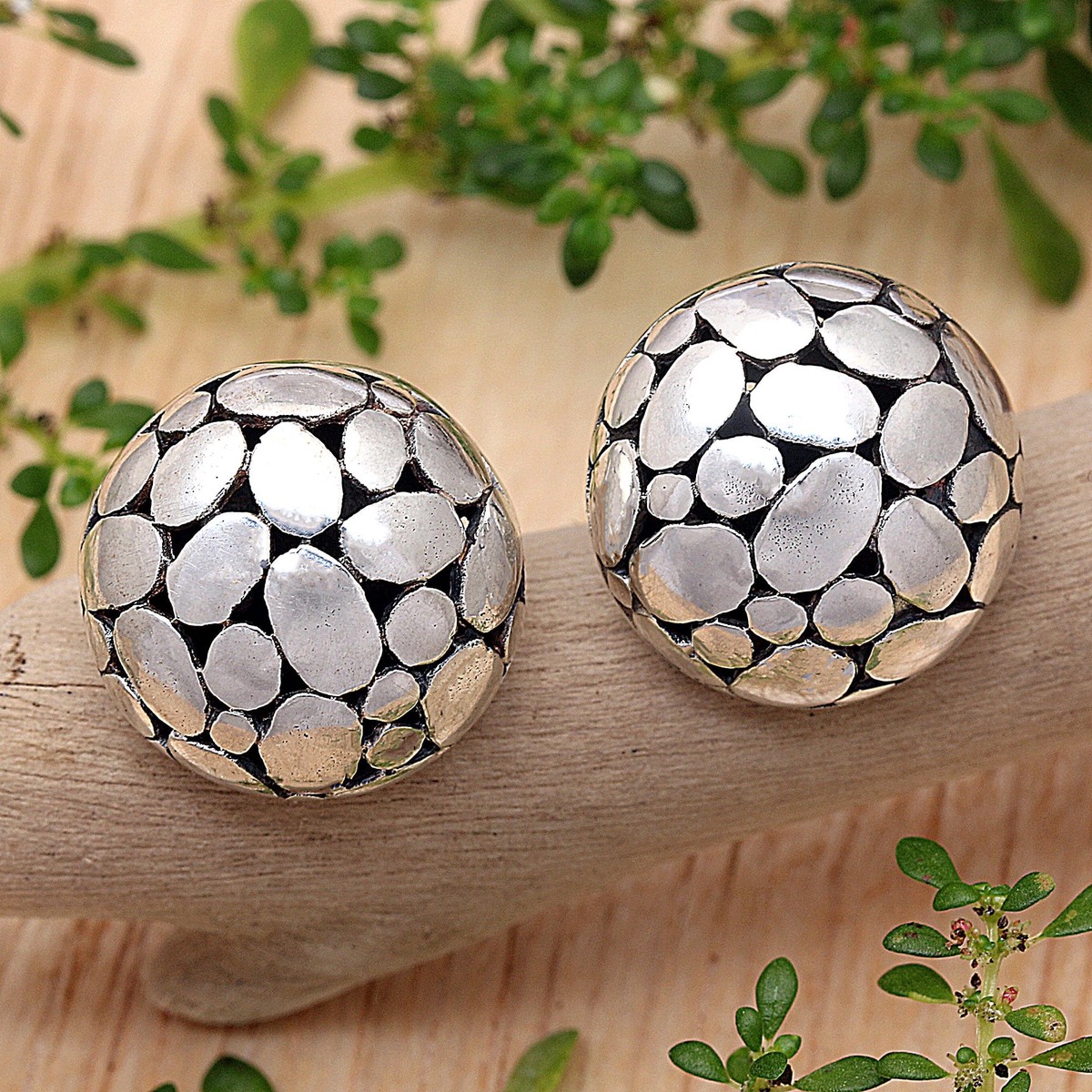 Bubble-Patterned Sterling Silver Button Earrings from Bali - Oval World