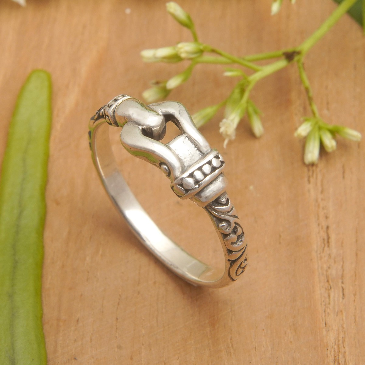Buckle-Themed Sterling Silver Band Ring Made in Bali - Linked Together - 9