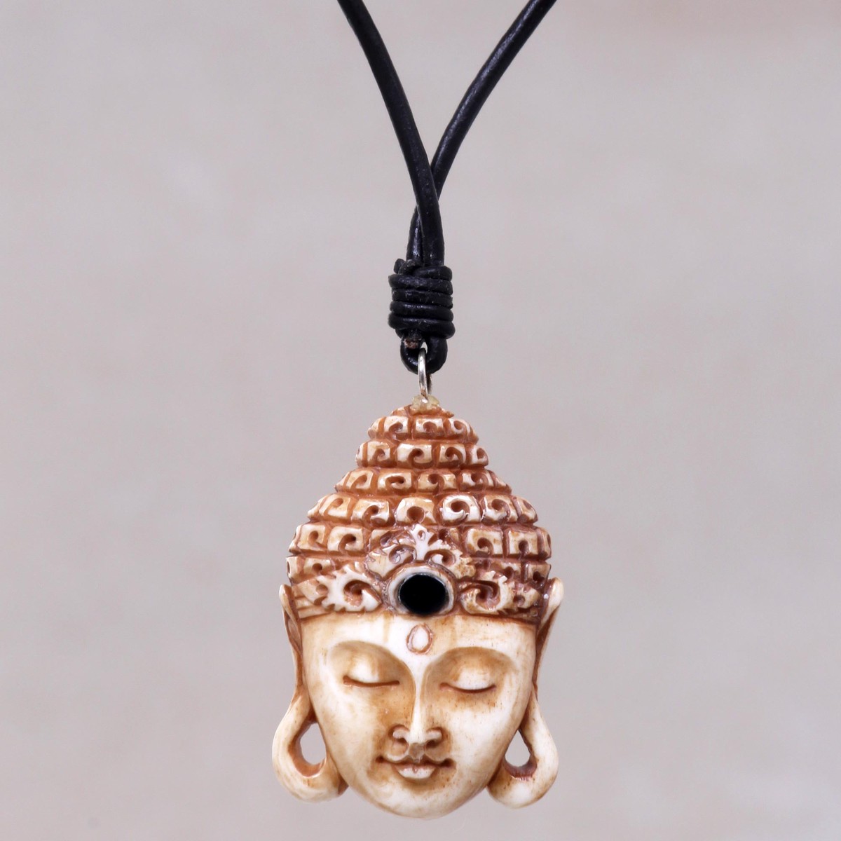 Buddha Pendant Necklace in Carved Bone with Leather Cords - Buddha Head I