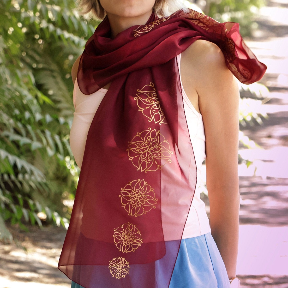 Burgundy Silk Scarf with Hand-Painted Floral Motifs in Gold - Burgundy Flowers