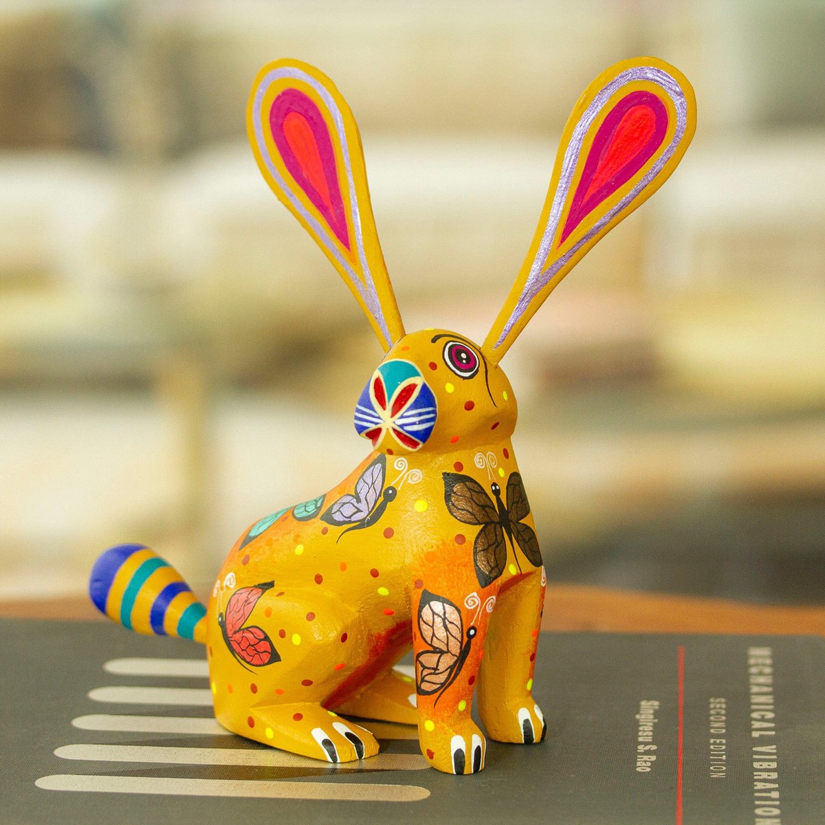 Butterfly-Themed Honey Copal Wood Alebrije Bunny Figurine - Fluffy Honey Ears