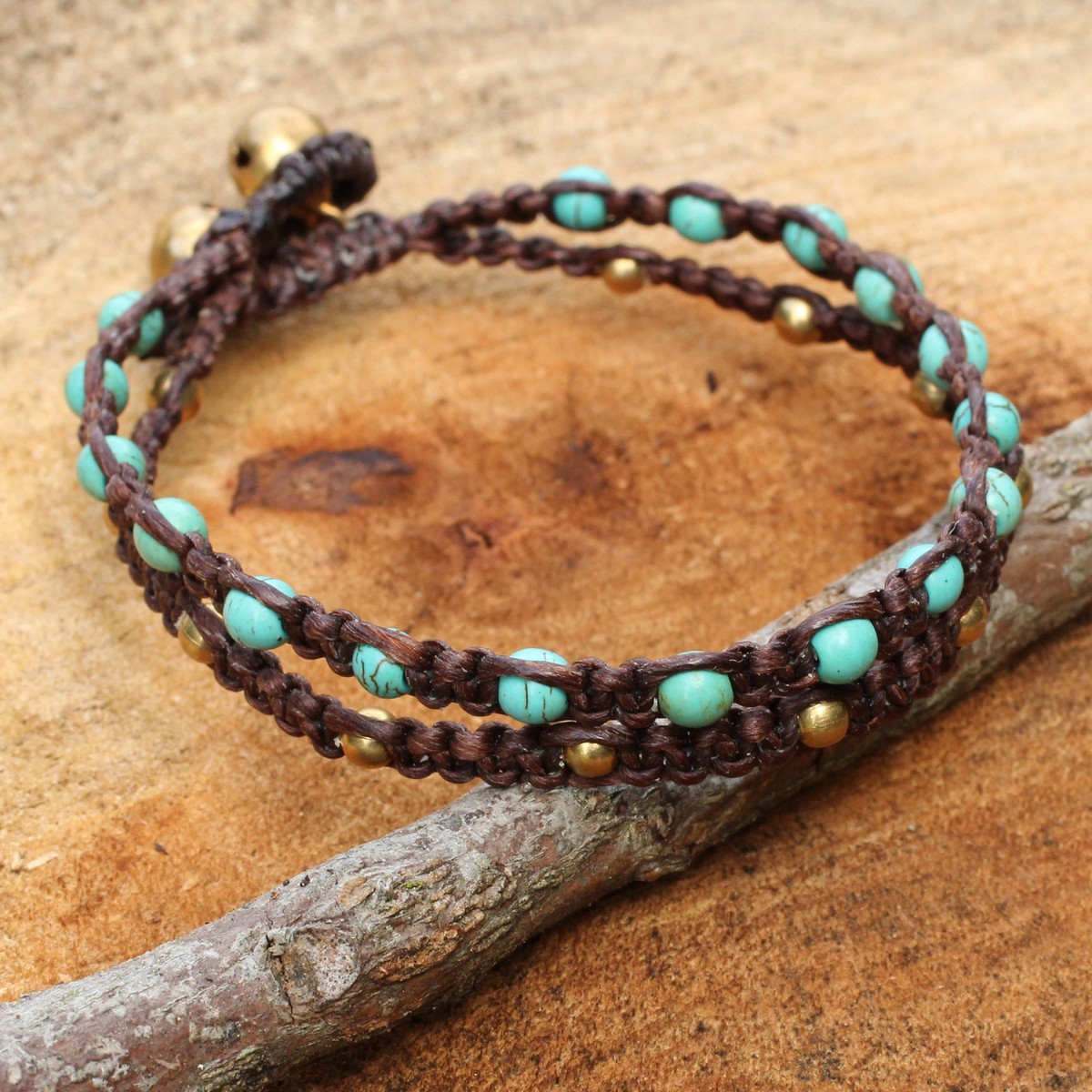 Brass Bracelet Turquoise-color Gems Braided Jewelry - Aqua Boho Chic