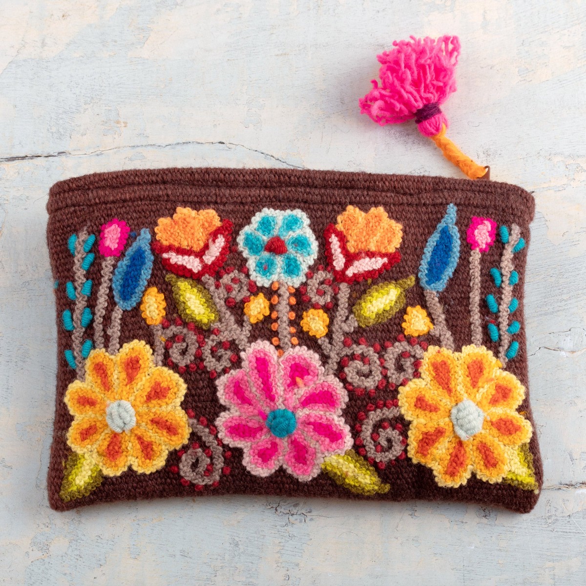 Brown 100% Alpaca Cosmetic Bag with Floral Embroidery - Warm Andean Paradise