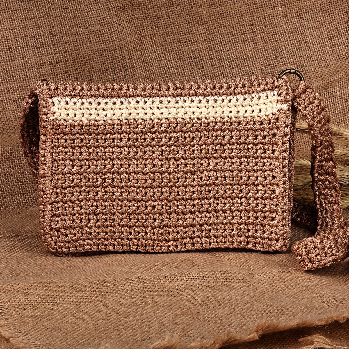 Brown and Ivory Crocheted Sling Bag Handcrafted in Armenia - Chic Companion