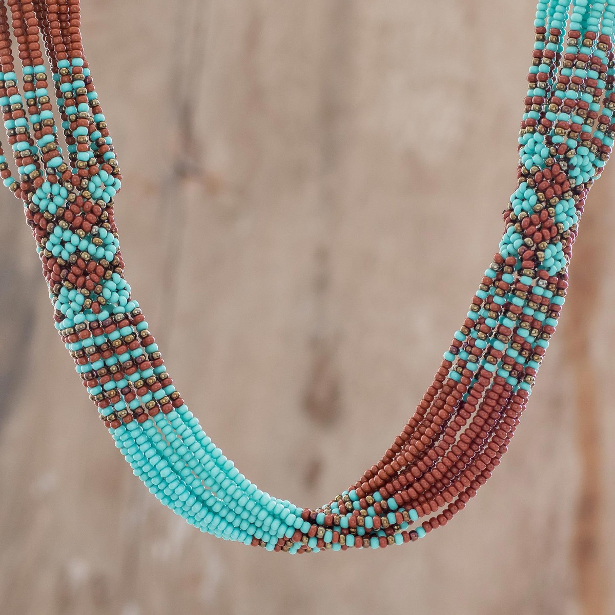 Brown and Turquoise Blue Glass Beaded Strand Necklace - Harmonious Elegance in Brown