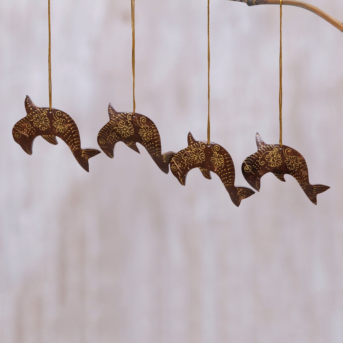 Brown Coconut Shell Dolphin Ornaments - Set of 4 - Dolphin Echo (member)