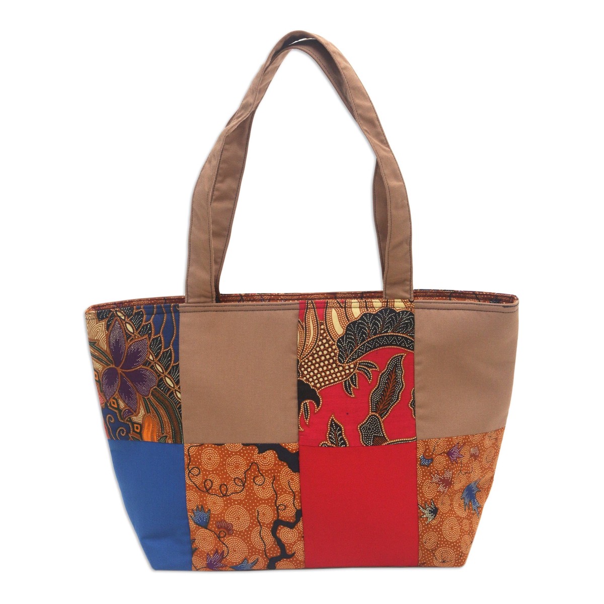Brown Cotton Handbag with Batik Motifs and Zipper Closure - Brown Puzzle (member)