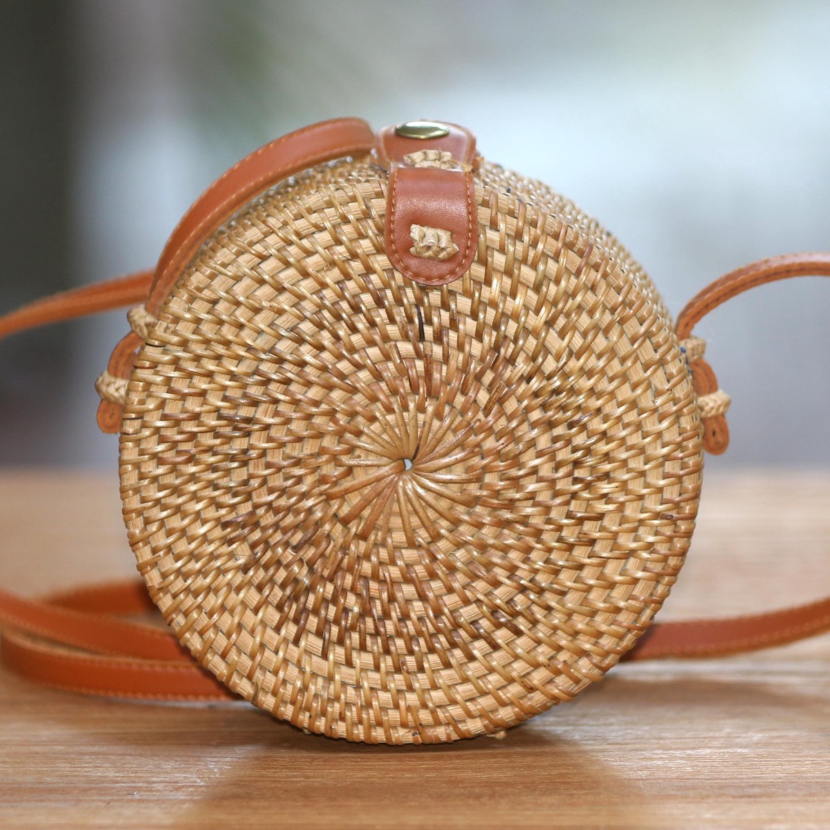 Brown Round Bamboo and Ate Grass Shoulder Bag - Brown Wheel - 6 inch