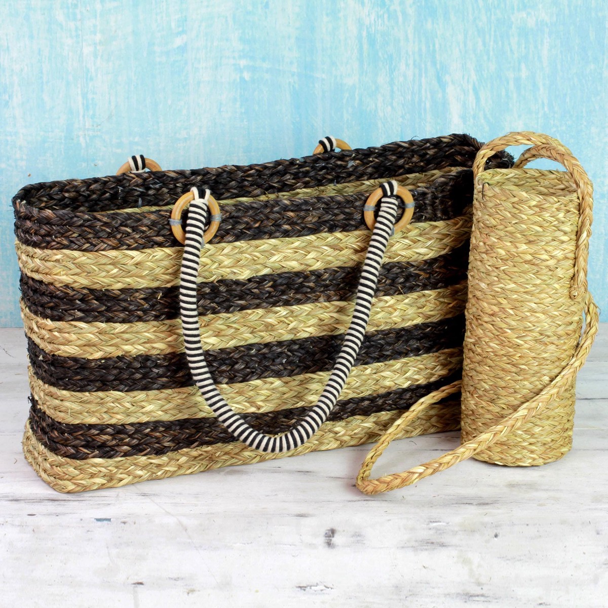 Brown Tote and Bottle Holder Set Hand Woven Natural Fibers - Life's a Picnic
