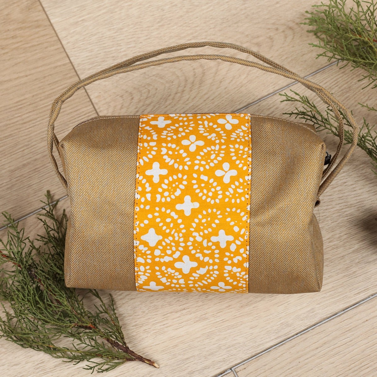 Brown Yellow Cotton Cosmetic Bag with Batik Motif & Handles - Goldenrod Petals
