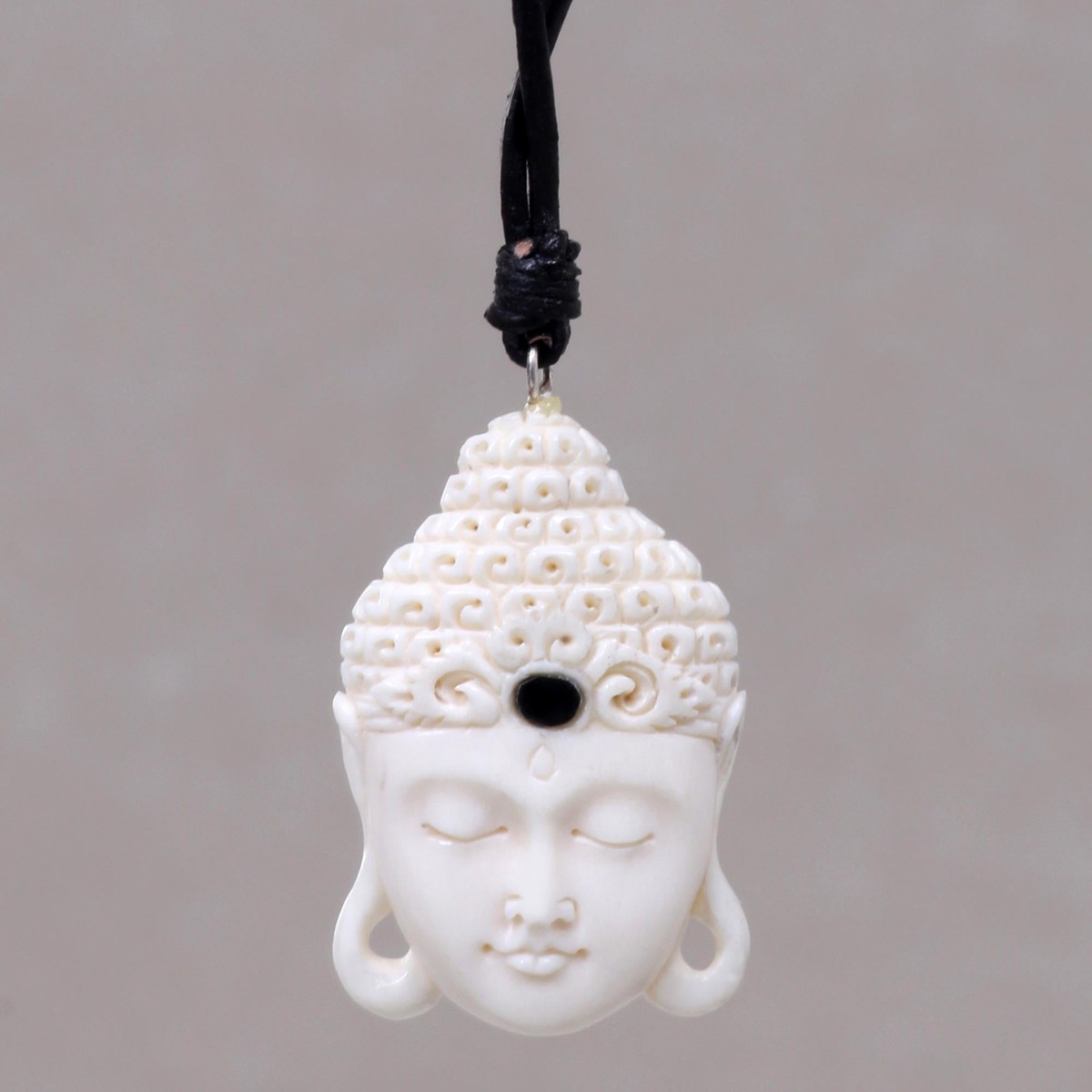 Buddha Head Cow Bone Pendant on Adjustable Leather Cord - White Buddha Head