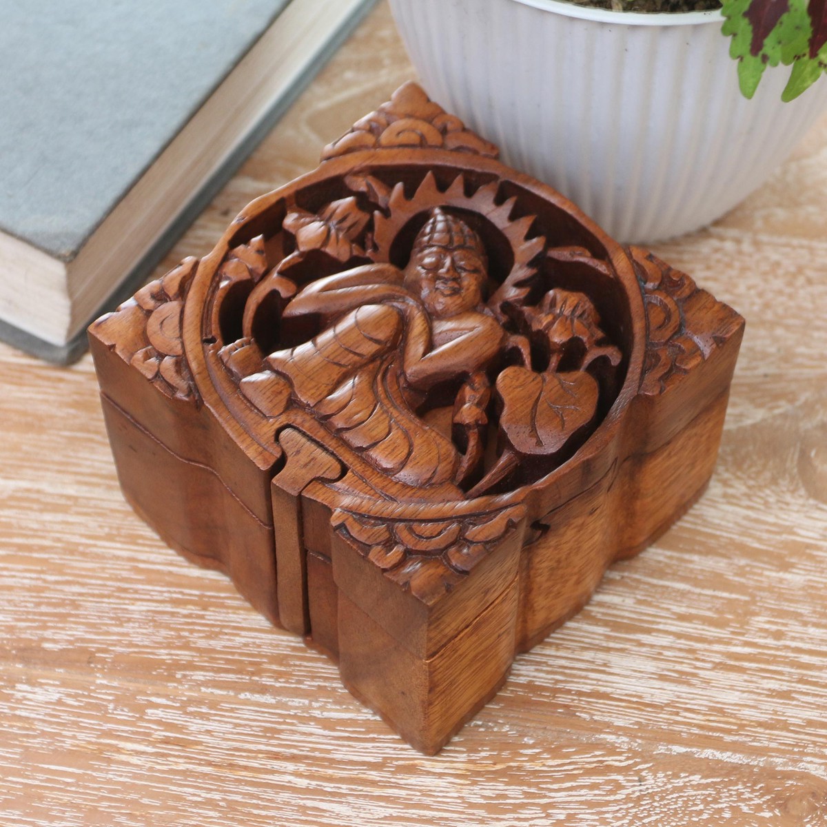 Buddha-Themed Suar Wood Puzzle Box - Restful Buddha