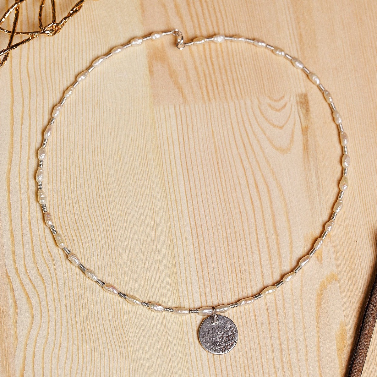 Bukhara Emirate Coin and Biwa Pearl Choker Pendant Necklace - Loyalty from the Road