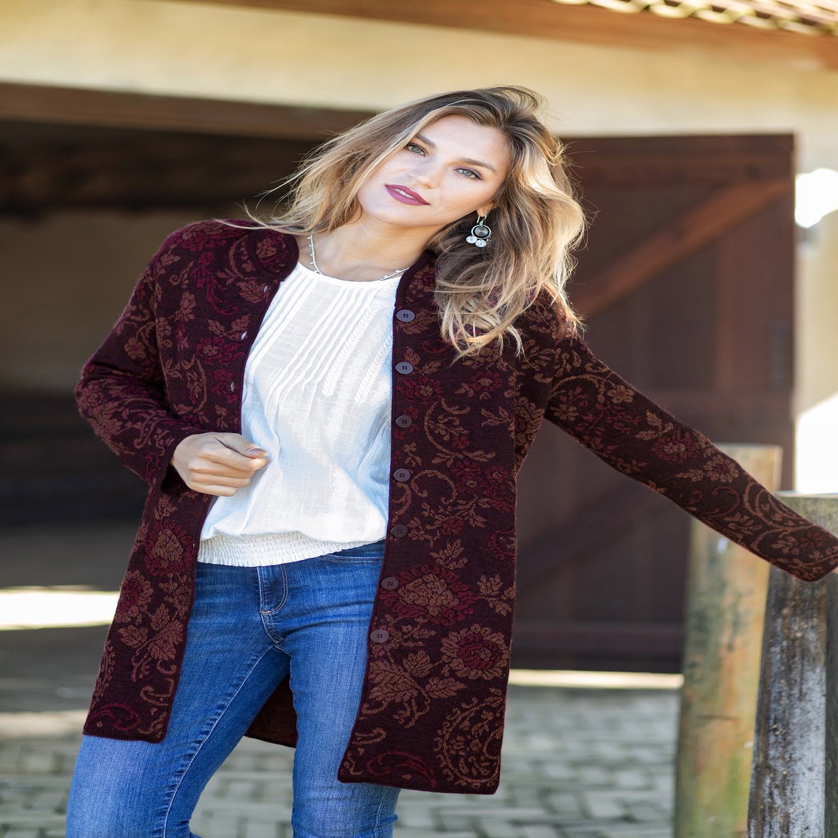 Burgundy 100% Baby Alpaca Long Cardigan with Mandarin Collar - Dream Garden in Burgundy - L