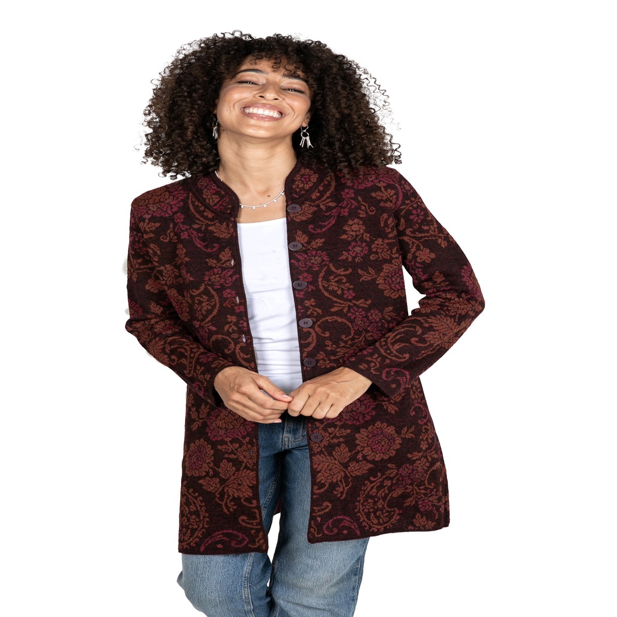 Burgundy 100% Baby Alpaca Long Cardigan with Mandarin Collar - Dream Garden in Burgundy - M (member)