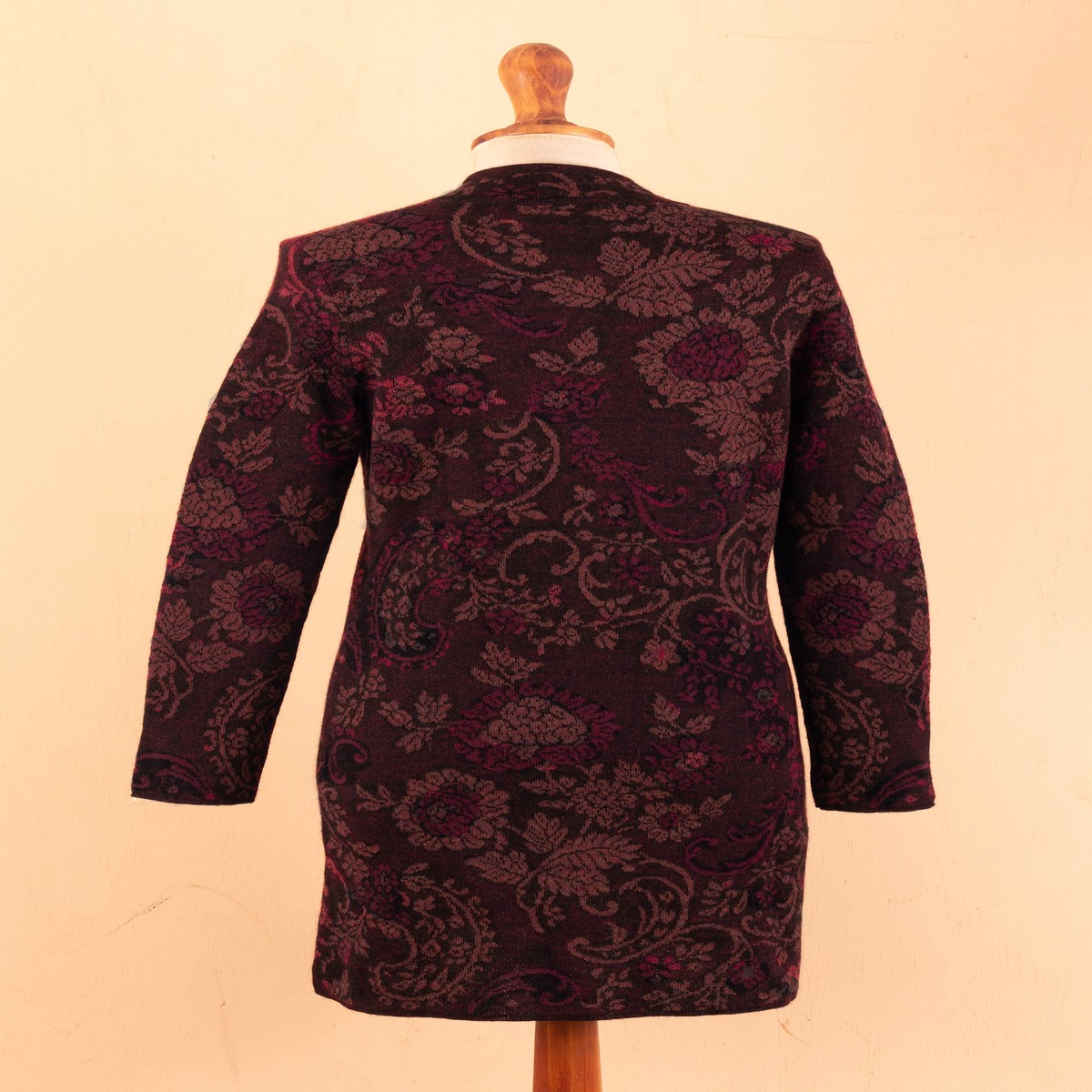 Burgundy 100% Baby Alpaca Long Cardigan with Mandarin Collar - Dream Garden in Burgundy - XXL (member)