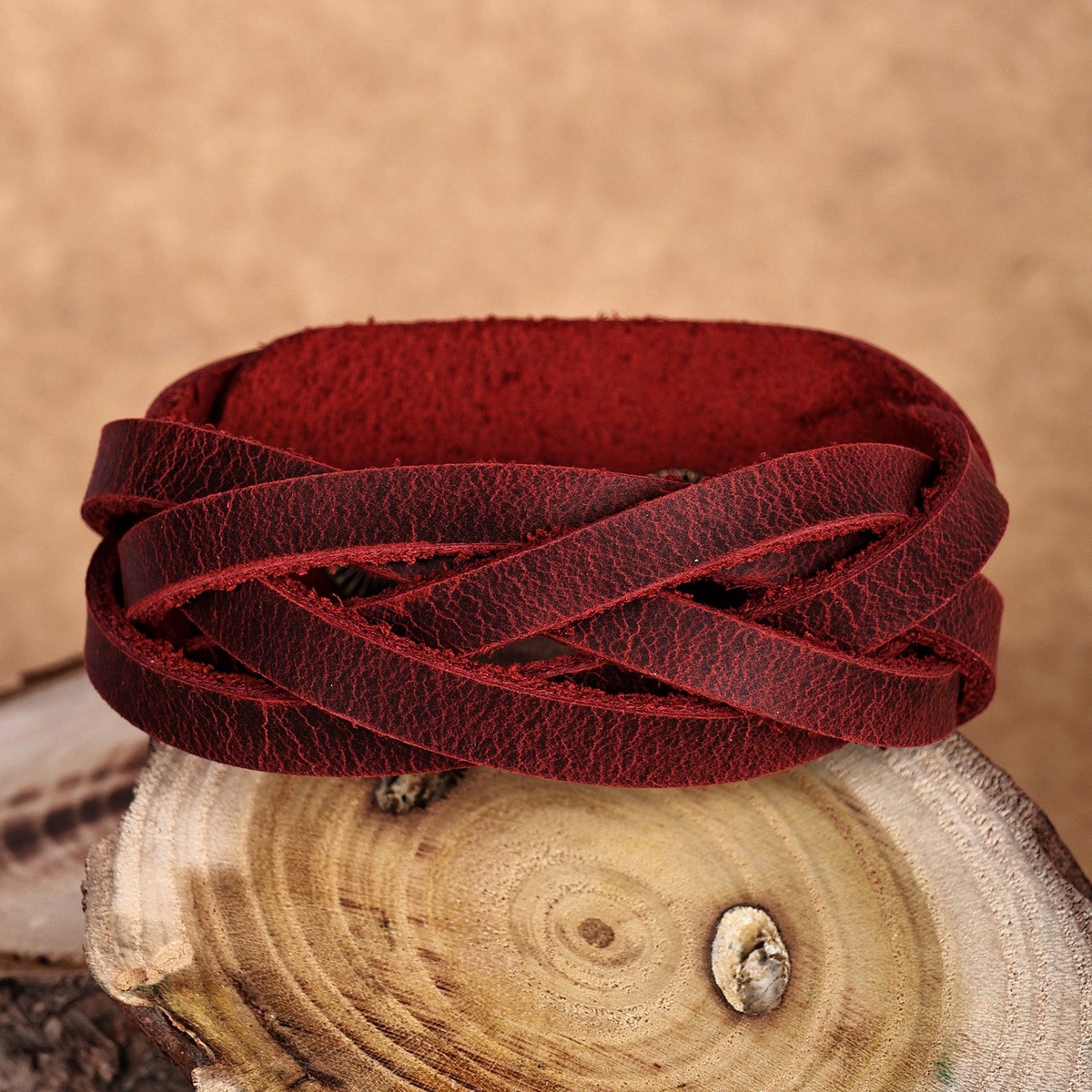 Burgundy Leather Wristband Bracelet with Braided Strands - Braided Energy