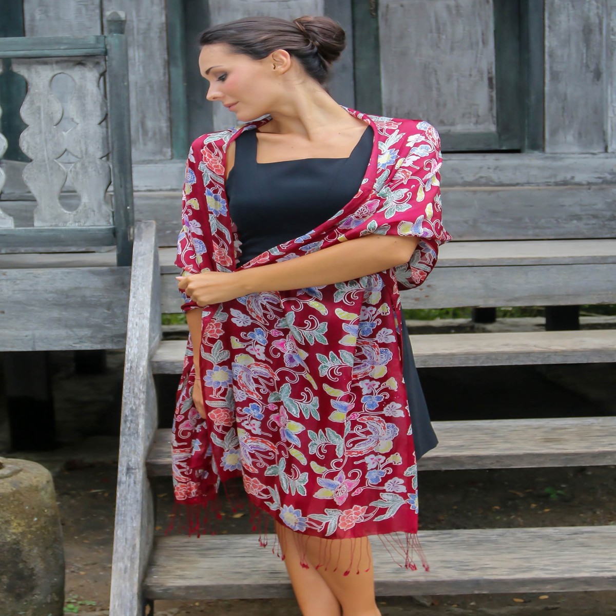 Burgundy Silk Hand Stamped Floral Batik Shawl from Bali - Wine in the Garden