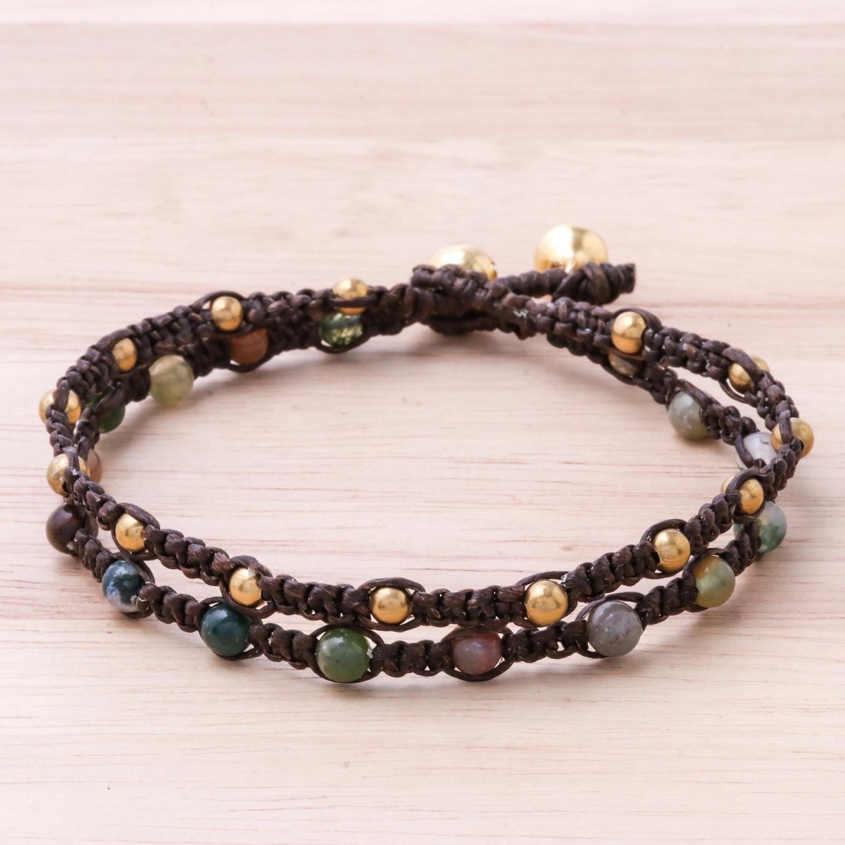 Brass Bracelet Green Brown Gems Braided Jewelry - Green Boho Chic