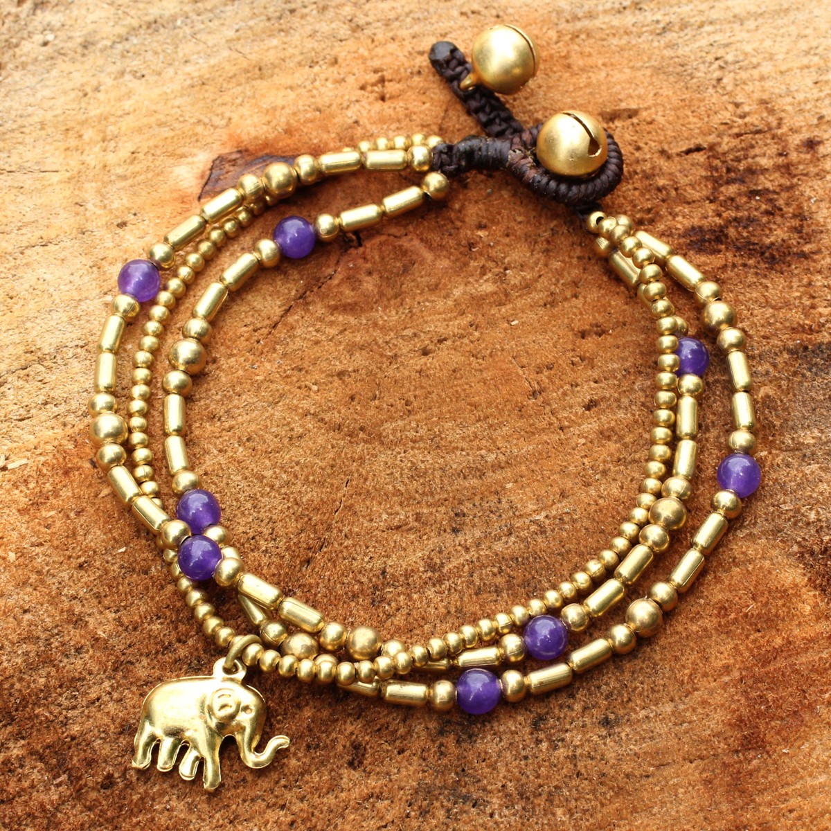 Brass Bracelet Purple-color Gems Beaded Jewelry - Purple Elephant Charm