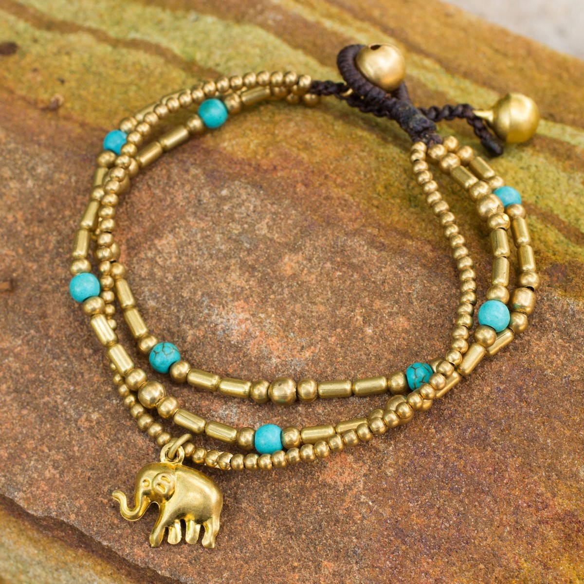 Brass Bracelet Turquoise-color Gems Beaded Jewelry - Thai Elephant Charm