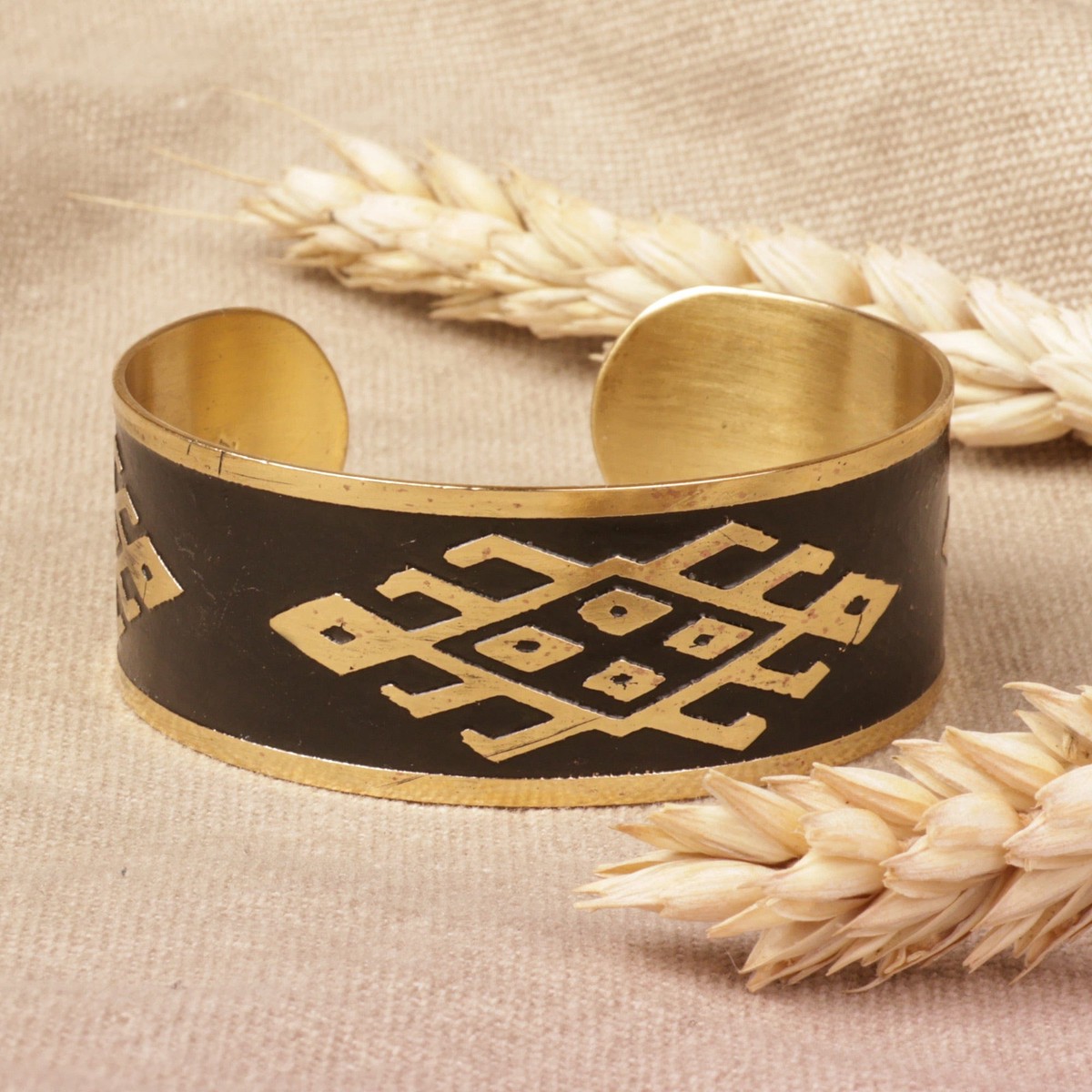 Brass Cuff Bracelet in Black with Traditional Armenian Motif - Black Rhombus Fantasy