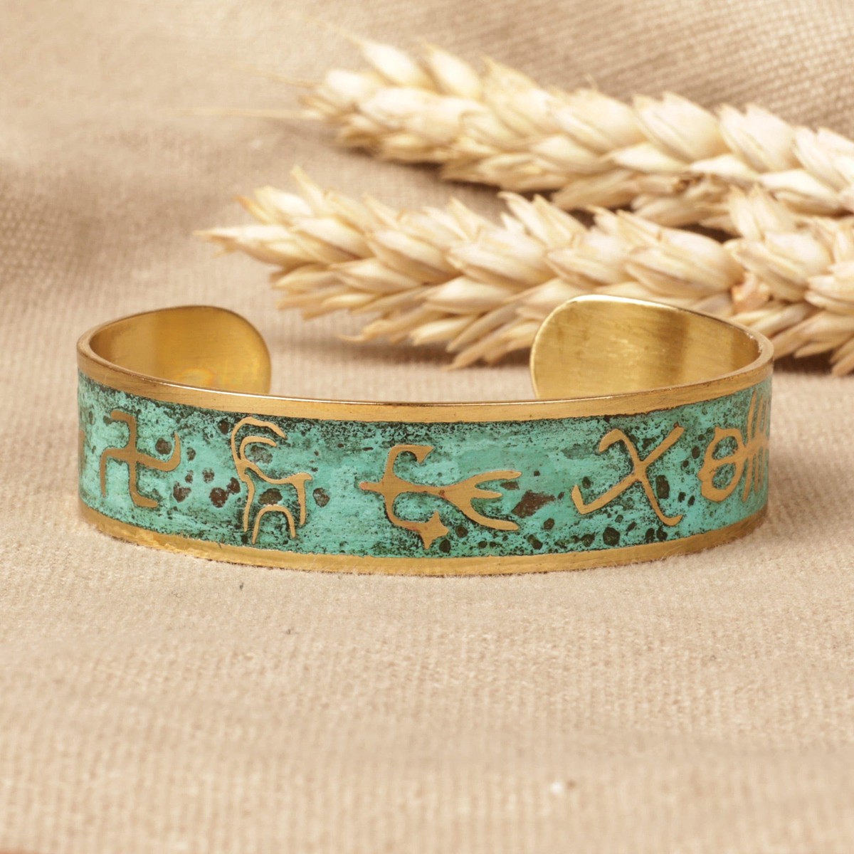 Brass Cuff Bracelet with Traditional Armenian Hieroglyphs - Armenian Hieroglyph
