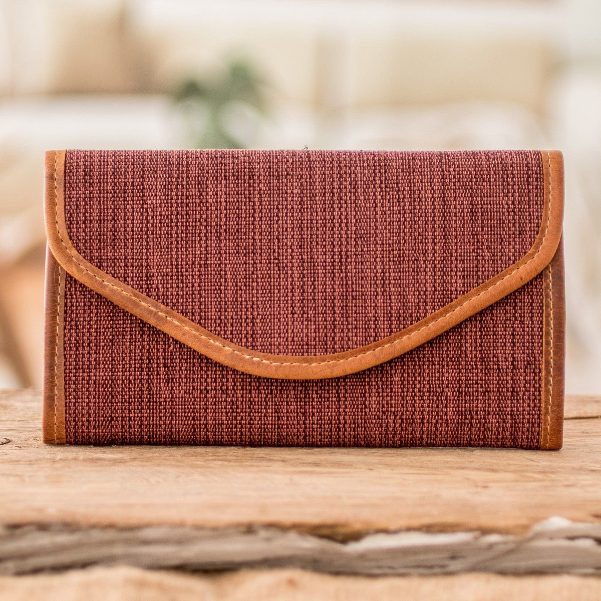 Brown and Pink Hand-Woven Cotton Wallet with Leather Trim - Guatemalan Weaving in Brown