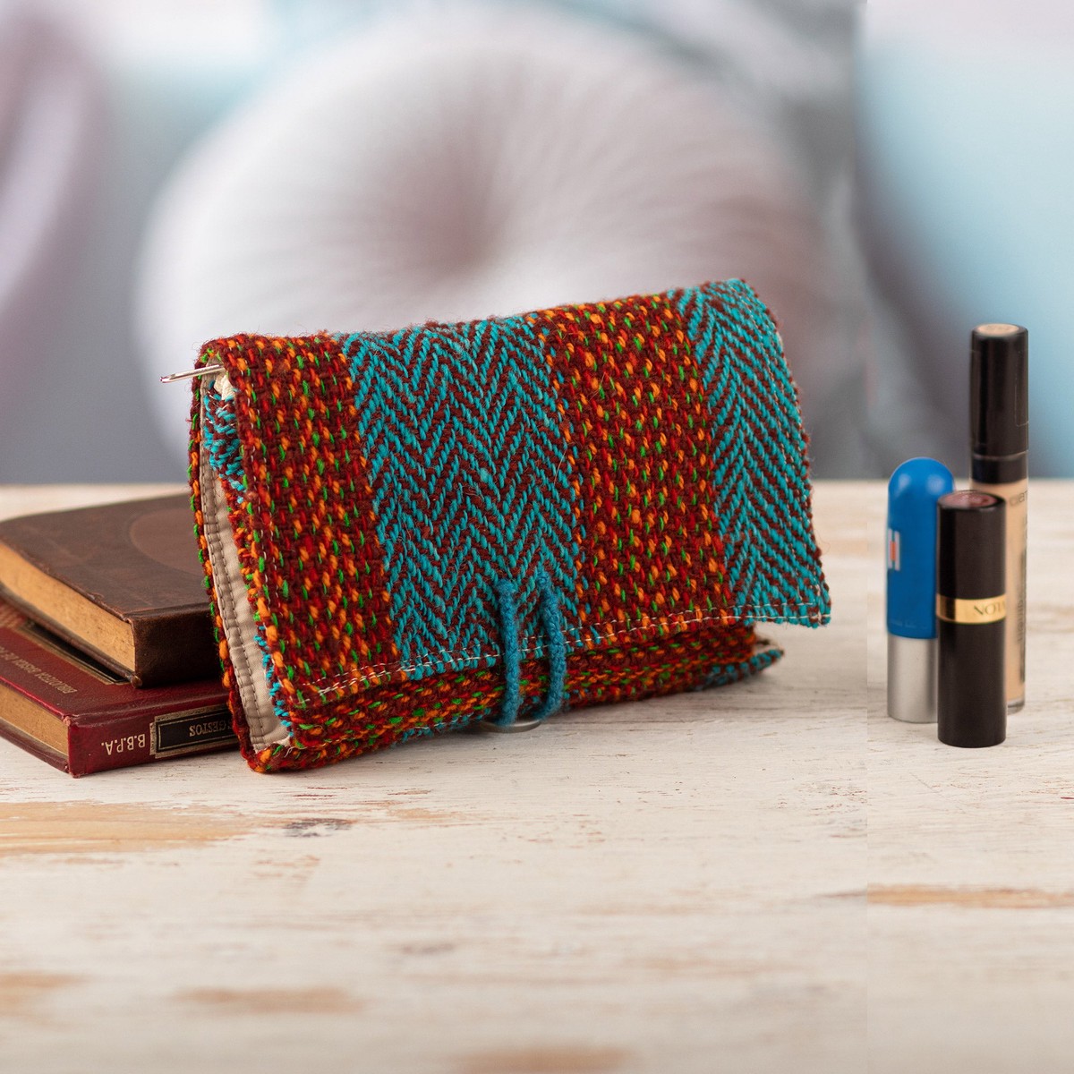 Brown and Teal Handloomed Wool Organizer with Button Closure - Sumaq