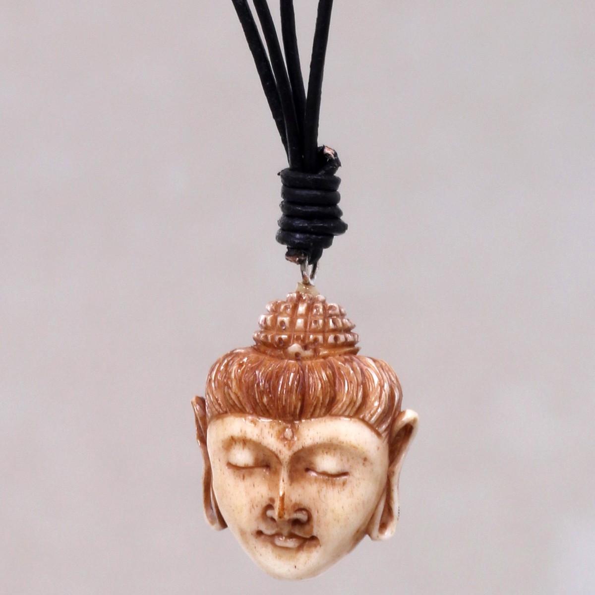 Buddha Head Necklace in Carved Cow Bone and Leather - Buddha Head II